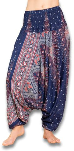PANASIAM Aladinhose Peacock Damen - 2in1 als Haremshose & Jumpsuit tragbar | Yogahose mit tiefem Schritt, GOA Hose, Boho Style, Pumphose, orientalische Sarouelhose, leichte Sommerhose, 100% Viskose