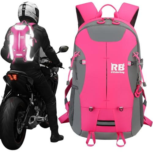 Reflective Motorcycle Backpack – Hi Viz EDC Bag for Riders, Night Commute, Travel, Gear with Helmet & Laptop Compartment, Pink, 35L, Reflective Backpack