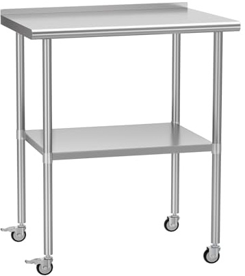 HOCCOT Stainless Steel Prep Table 24 X 30 with Adjustable Undershelf, Backsplash and Wheels, Commercial Metal Workstations for Kitchen, Garage, Outdoor BBQ
