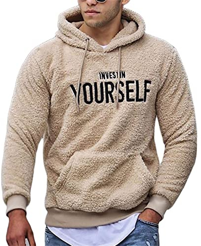 ORANDESIGNE Hombre Sudaderas con Capucha de Felpa Warm Sudadera con Capucha Bordada con Letras Borrosas Jersey de Felpa con Bolsillos Abrigo de Manga Larga A Caqui XS