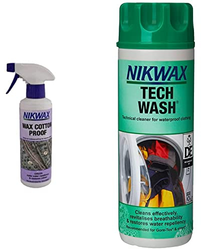 Nikwax WAX COTTON PROOF SPRAY-ON Waterproofer, Ads Water Repellency and Reduces Weight Caused by Water Absorption, Keeping You Warmer and Drier, 300ml & Tech Wash Wash-In Cleaner - 300 ml