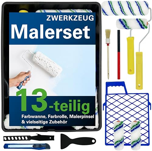 ZWERKZEUG® 13Teilig all-around Maler Set, mit Farbroller, Farbpinsel, Farbwanne, Farbrolle, Farbwalze, Farbzubehör - ideal für Wandfarbe, Malerzubehör Malerbedarf (Malerset M - 13 Teilig)