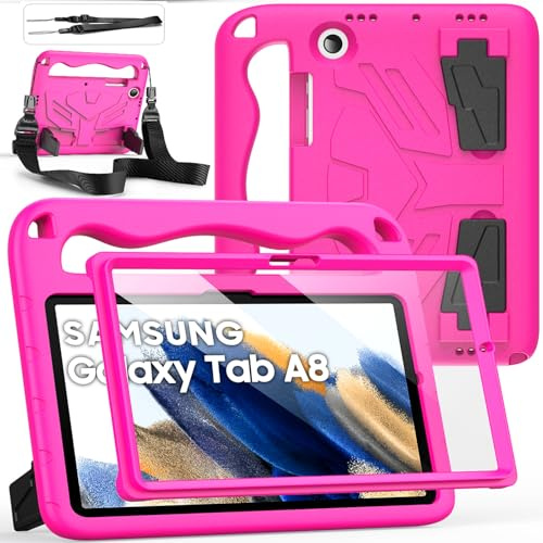 DUZZONA Funda Niños para Samsung Galaxy Tab A8 10,5 Pulgadas, Magenta | SM-X200/X205/X207, con Protector de Pantalla Incorporado, Asa Infantil y Correa de Hombro, Funda Infantil Antichoque