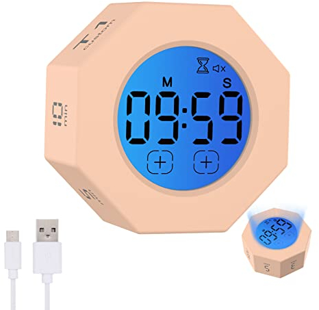 Cube Minuteur numérique 8 côtés avec temps d'ajustement et capteur de gravité Flip pour le travail, l'étude, la cuisine, la cuisine, la lecture, le yoga, l'exercice (30S-1-3-5-10-T1-T2 min)