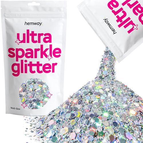 Hemway Ultra Sparkle Glitter - Grobstrick-Feinkosmetik-Glitter-Mix in mehreren Größen für Körper, Gesicht, Haare, Augen, Nail Art Festival, Basteln Tumbler - Silber Holographisch - 100g / 3.5oz