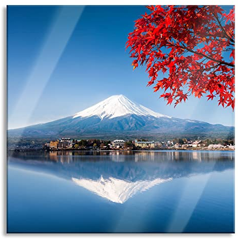 Pixxprint Glasbild, Wandbild auf Echtglas, Berg Fujiyama mit herbstlich rotem Baum, 60x60 cm, inkl. Aufhängung und Abstandshalter