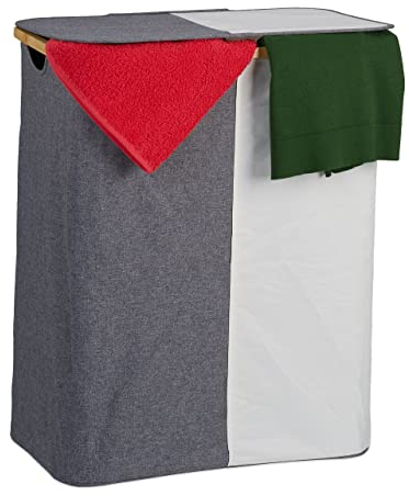 Relaxdays Cesto Portabiancheria con Coperchio, 110 L, con 2 Scomparti, in bambù e Poliestere Sacco a Rete, Grigio Bianco