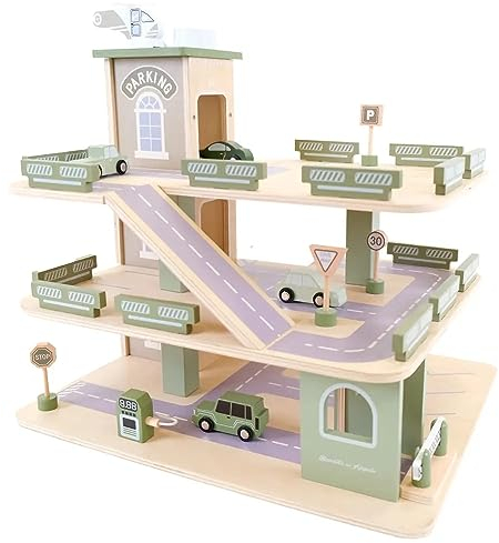 Bandits & Angels Holzspielzeuggarage Bandits Parkerlebnis mit 3 Etagen und Aufzug – inklusive 4 Autos – Spielzeugautogarage aus Holz – Retro-Grün