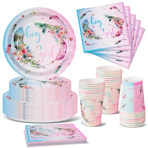 Nkaiso Gender Reveal Party Piatti, 96Pezzi Piume Colorate Baby Shower Stoviglie per Feste, Gender Reveal Supplies per Piatti Bicchieri Tovaglioli Feste Compleanno Decorazioni -24 Ospiti