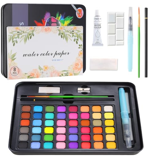 set acquerelli professionali, 48 colori,con pennello ad acqua, tavolozza, pennarello, carta da acquerello, spugna, gomma, scatola per la pittura, ideale per bambini e artisti.