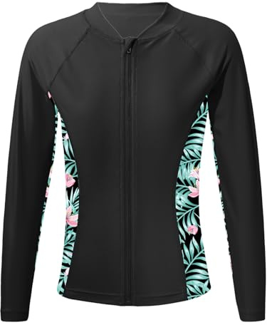 Yruioon Girls Long Sleeve Rash Guard Shirts Vest Summer Beachwear Sun Protection Swim Coat Quickly Drying Swimming Costume Black 11-12 Years