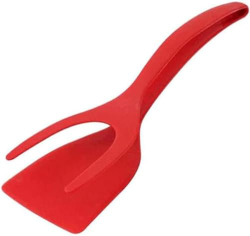 2 in 1 Grip and Flip Spatula Tongs, Egg Flipper Tong for Pancake Fish French Toast Omelet, Frying Tongs Flip Tongs for Egg Steak Frying Turn Grill Kitchen Cooking Tools (Red 1pcs)