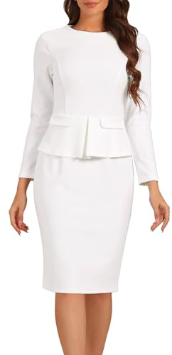 Allegra K Vestido Tubo para Mujer Péplum de Talle Alto y Cuello Redondo, Manga 3/4, para Trabajar en la Oficina Blanco XL
