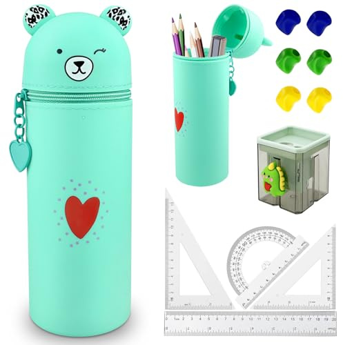 GZcaiyun Federmäppchen aus Weichem Silikon, Niedliches Cartoon Kawaii Mäppchen, Schlampermäppchen und Stifteköcher 2 in 1, mit Bleistiftspitzer, Schreibhilfe, Linealset