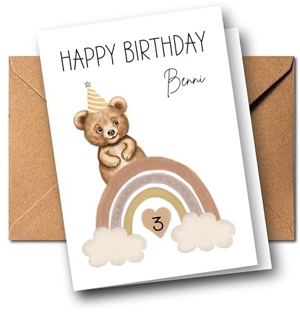 Generisch Personalisierte Kinder Glückwunschkarte zum 1. 2. 3. 4. 5. 6. 7. usw. Geburtstag Grußkarte Geburtstagskarte Faltkarte Kindergeburtstag mit Name verschiedene Tiermotive Boho Regenbogen (Bär)
