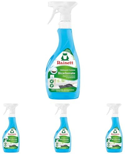 RAINETT - Spray Nettoyant & Dégraissant Cuisine au Bicarbonate - Haute Efficacité Dégraissante & Désincrustante - Spray Eco-Conçu - Flacon 100% Recyclé & Recyclable - Ecolabel - 500 ml (Lot de 4)