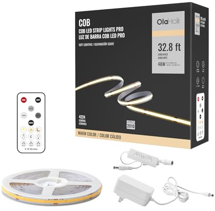 Olaholii 16.4ft COB Led Strip Light with Remote, 2700K Ra93+ Dimmable Bright Warm White Led COB Strip Light, White Led Strip Light for Mirror, Stair, Cabinet, Room