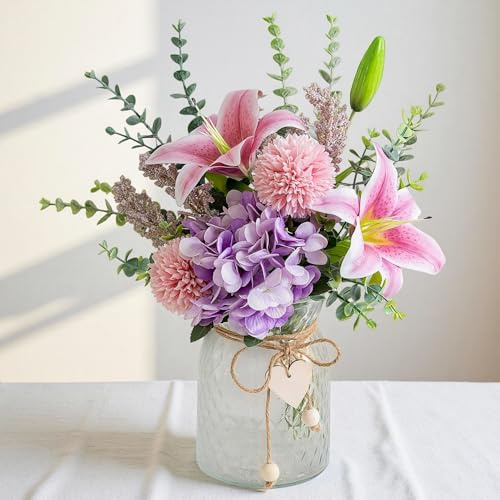 Faux Flowers with Vase, Artificial Silk Flowers in Vase for Mom Gifts, Fake Pink Lily, Hydrangea and Dandelion, Arrangement for Home Spring & Summer Decor Dining Coffee Table Centerpiece Decorations