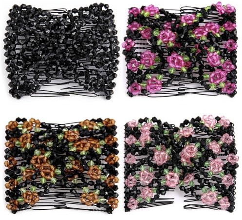 Umibow 4 Stück Magische Kämme dehnbar Doppelhaarkamm, Haarkamm-Clips, elastische Perlen Rosen-Haarspangen, Haarschmuck für Frauen Mädchen