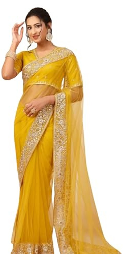 TRAFAART Sari De Red Para Mujer Regalo De Boda Indio Sari Bordado Con Pieza De Blusa Sin Coser Vestido Étnico- Amarillo