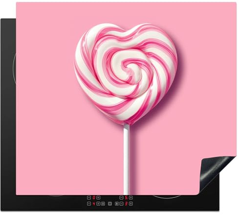 KitchenYeah© Herdabdeckplatte Einteilig Induktionsmatte Küche Abdeckung | 60x52 cm - Ceranfeld Herd Abdeckplatte Deko Vinyl Matte Aufrollbar Candy - Lutscher - Herz - Rosa