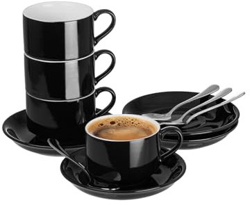 Meichu 2.5oz Espresso Cups Set of 4, Demitasse Cups and Saucers with Spoons for 4, Expresso Shot Cups for Espresso Machine-Black