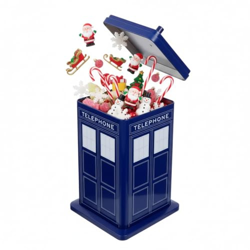Homoyoyo Personalised Blue Telephone Box Biscuit Tin - Dr Who Character Cookie Storage Box - for Christmas Treats Parties and Birthday Celebrations Unique Metal Tin with Lid