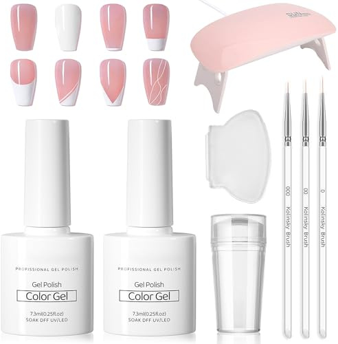 French Manicure Nail Polish Set - 2PCS Sheer Jelly Nude & White French Gel Nail Polish - French Manicure Kit with Nail Stamper, UV Lamp, Nail Art Brush - Soak off Gel Polish for Women DIY Nail Paint