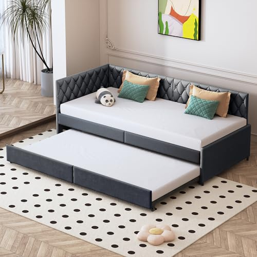 MISNODE Multifunktionales ausziehbares Schlafsofa 90/180 x 200 cm, ausziehbares 2-Sitzer-Sofa mit Lattenrost, Doppelbett aus Samt, ohne Matratze (Dunkelgrau, 90/180 x 200 cm)