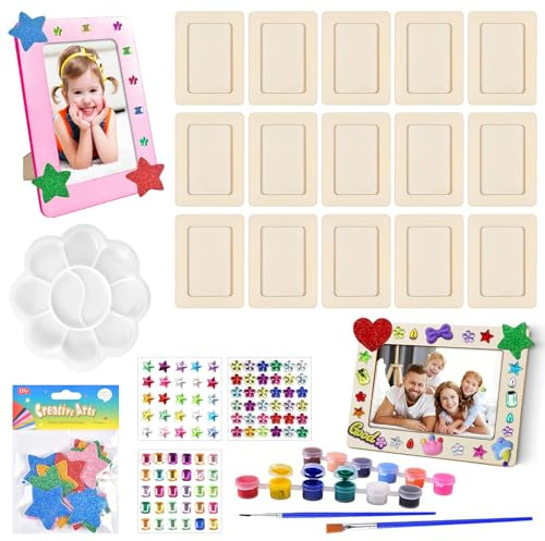15Pcs Kids DIY Photo Frames,14 x19cm Wooden Frames for Craft with 5 Pack Stickers & Watercolour Paint Set,Kids DIY Wooden Picture Frames for Painting & Decorating, Creativity Photo Frame for Kid