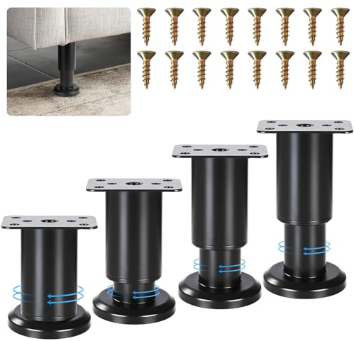 ACOMTUO 4 Pezzi Piedini Regolabili per Mobili, 8-12cm Gambe per Mobili Nera Regolabili, Gambe per Mobili Piedini per Letto per Gambes di Mobilis su Armadi Tavoli e Divani Inclusi Viti(Nero)