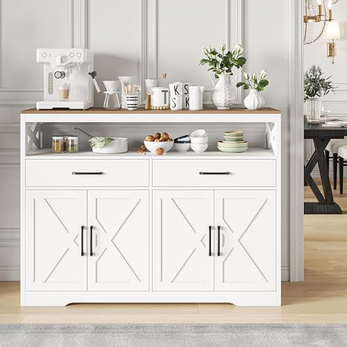 Breit Küchenschrank mit Arbeitsplatte,Sideboard 140x40x105 cm,Weiß Buffetschrank mit 2 Schubladen und 4 Türen, Küchenbuffet mit verstellbaren Ablagen für Wohnzimmer, Küche, Esszimmer