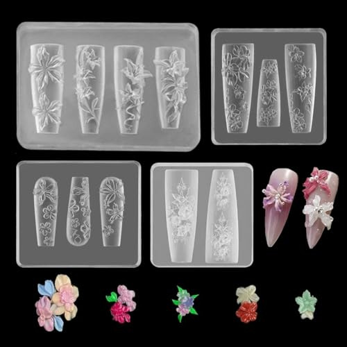 Ensemble de 4 moules en silicone pour nail art à fleurs, moules pour nail art à fleurs 3D, modèles floraux, moule silicone, accessoires de décoration pour nail art DIY, fournitures réutilisables.