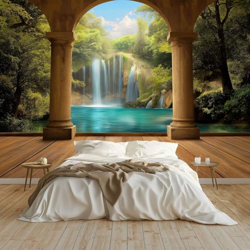 Genérico Fotomurales 3D Bosque Cascada, 250 x 175 cm (An x Al) Papel Pintado No Tejido - Caqui