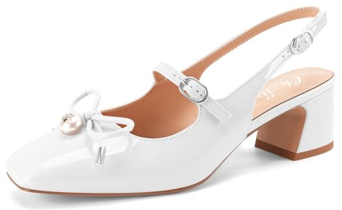 Women's Ballet Slingback Block Chunky Heels Closed Square Toe Low Heels Patent Leather Mary Jane Bow Pearl Work Dress Adjustable Buckle Strap Ballerina Pumps Shoes 2-inch(White Size 8)