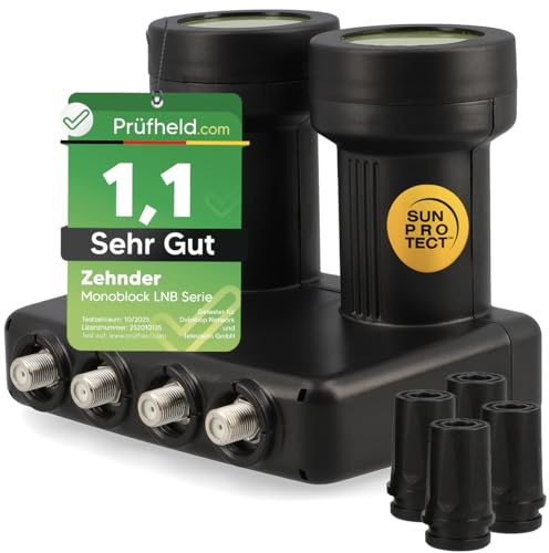 [ Test SEHR GUT, Note 1.1 *] Zehnder Monoblock Quad LNB Astra Hotbird für 4 Teilnehmer & 2 Satelliten, 4Fach HD 4K LNC für Direktanschluss (Fernseher, Sat Receiver) LMB für Satellitenschüssel