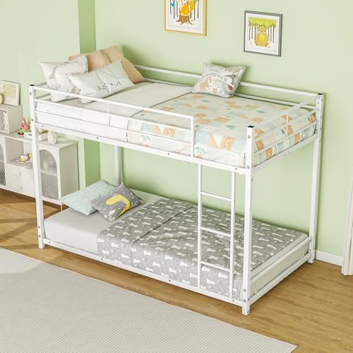FOUBAM 3FT Single Over Single Bunk Beds, Single Loft Bed, White | Metal Heavy Duty Single Size Bunk Beds, Single Bed Frmae for Adults,Loft Bed With Ladder and Guardrail