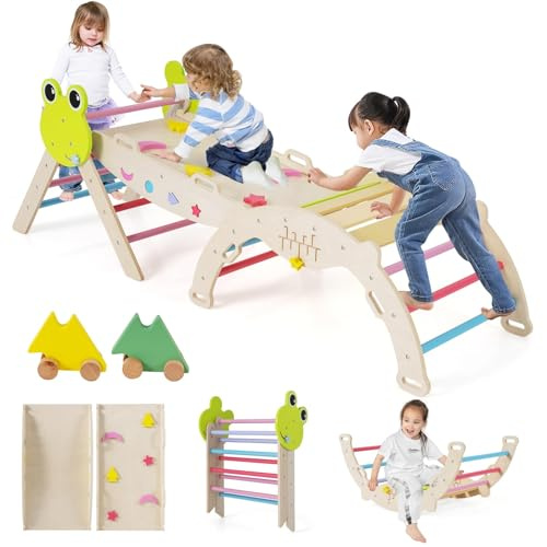 FANTASK Lot de 3 Triangles d'escalade 7 en 1 pour l'intérieur avec Toboggan, Arche d'escalade, Rampe Double Face, kit de Blocs de Construction et 2 Voitures, Grenouille Triangle d'escalade en Bois