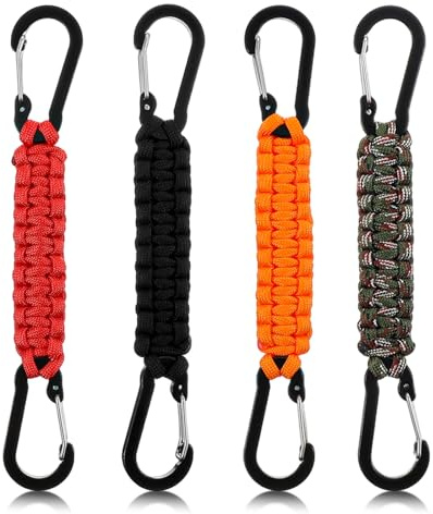 Xindojuz 4 PCS Paracord Keychain, D Ring Small Carabiner Clips, Lanyard Hanger Keychain Hook Water Bottle Clip, Ideal for Men/Women Outdoor Hiking, Fishing, Hunting and Camping (4 Colors)