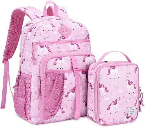 VASCHY Mochila Infantil 5–9 Años con Bolsa Almuerzo, Set Escolar 2 en 1 16 L, 30 x 12,5 x 43 cm, Resistente a Salpicaduras, Mochila Niño/Niña de Primaria con Bolsillo para Botella, Unicornio Rosa