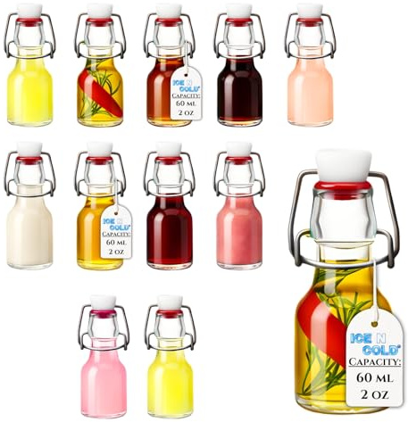 ICE N COLD Glass Swing Top Bottles | Flip Top Glass Bottles for Limoncello, Syrups, Oils, Vinegar, Extracts & Beverages | Airtight Reusable Glass Bottles (12-Pack, MINI (60ml | 2oz))