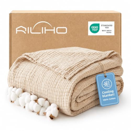 RILIHO 100% Cotton Muslin Blanket Adult, Cooling Summer Blanket, 6 Layers Lightweight and Breathable Throw Blankets for Couch, Soft Cold Blanket for Sleeping All Season, 127 x 152 cm, Beige