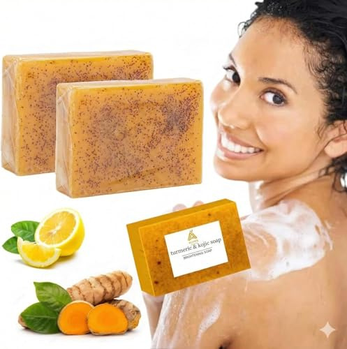 Turmeric Soap Bar with Kojic Acid, Natural Face & Body Cleanser for Dark Spots and Hyperpigmentation, Exfoliating Soap with Vitamin C, Tea Tree Oil, Shea Butter (1, 100g)