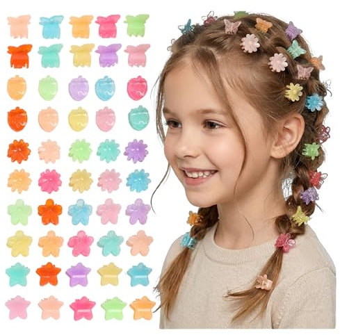 50 Stück 5 Formen von Haarspange Klein, Glitzer-Erdbeeren/fünfzackige Sterne/Pflaumenblüten/Gänseblümchen/Schmetterling-Haarspangen, Süße Mini Haarspiralen Clip Haarschmuck für Kinder Frauen