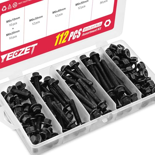 YEEZET 112 Pièces Kit de Boulons et Écrous à Bride Tête Hexagonale M6 Longueurs 10mm 20mm 30mm 40mm 50mm Acier Allié Classe 10.9 Fixations Métriques Haute Résistance