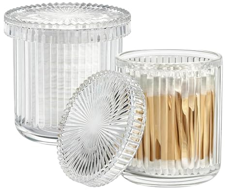 SVOCK Cotton Bud Holder, 2Pcs Transparent Cotton Pad Holder, Vertical Striped Glass Bathroom Storage Box, Cotton Bud Dispenser for Bathroom and Bedroom Home Storage