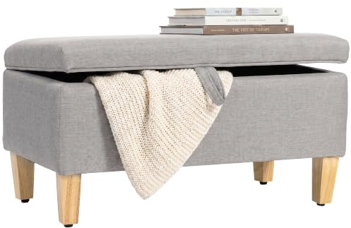 HOMCOM Banc de Rangement, Bout de Lit, 71 x 37 x 36 cm, Gris Clair | Repose-Pieds, Rembourré en Lin, Pieds en Bois de Caoutchouc, pour Salon, Chambre, Entrée