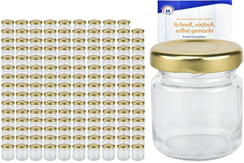 MamboCat Lot de 150 Bocaux Ronds de 53 ml avec Couvercle Doré TO 43 avec Livret de Recettes Diamant Gelierzauber (français non garanti), Mini Bocaux de Conservation en Verre