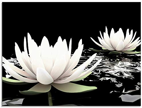 ARTland Wanddeko Glasbilder Wandbild Glas Bild einteilig 60x45 cm Querformat Asien Botanik Blumen Blüten Lotusblume Seerose Modern Schwarz Weiß T9NL