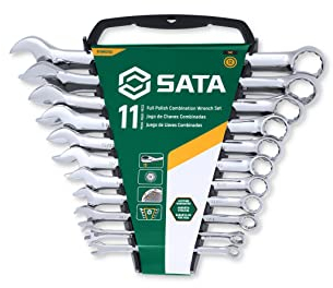 SATA ST09021SJ Ringmaulschlüssel, Gabelringschlüssel, Gabelschlüssel, Schraubenschlüssel Set 1/4/6,35 mm -7/8/22,225 mm, Zollgrößen poliert aus CR-V-Stahl mit Träger zur Aufbewahrung 11 Tlg.